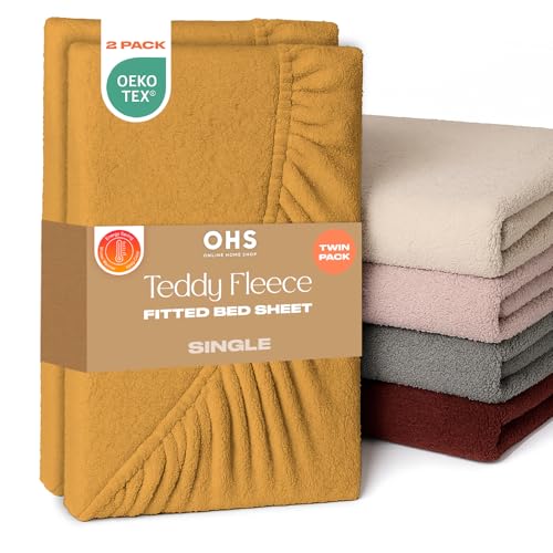 Brentfords Teddy Fleece Fitted Sheet Single 2 Pack Soft Warm Thermal Teddy Bear Bedding Bed Cover Deep Pocket 25cm Fade Resistant Cuddly Cosy Fluffy Fitted Sheet Single Yellow