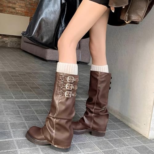 Image of ClassicSter Fold Over Knee High Boots Slouch Boots for Women Chunky Goth Platform Boots,2 inch Heel Wide Calf Long Boots Square Toe Riding Boots