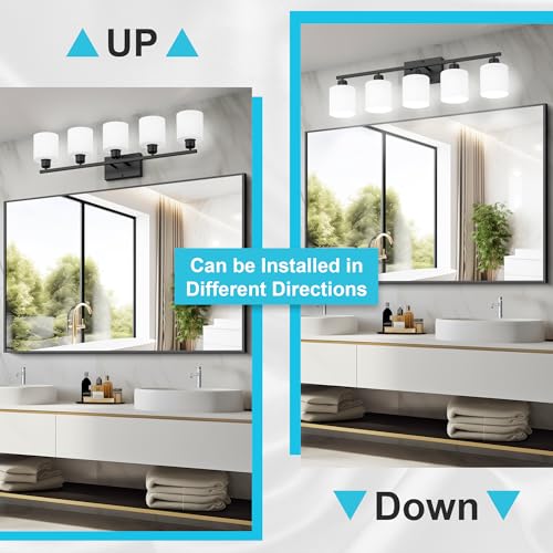 Image of Bathroom Black Lighting Fixtures Over Mirror, Anti-Rust 5-Light Bathroom Vanity Lights,Milky White Glass Shades