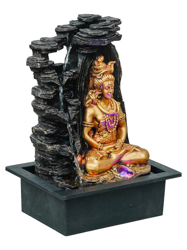 Image of Golden Brown Polyresin Tabletop Lord Shiv 4 Step Indoor Water Fountain for Home Decor with LED, Speed Control Pump (Size: 29 x 22 x 40 CM | Weight: 1780Gram)