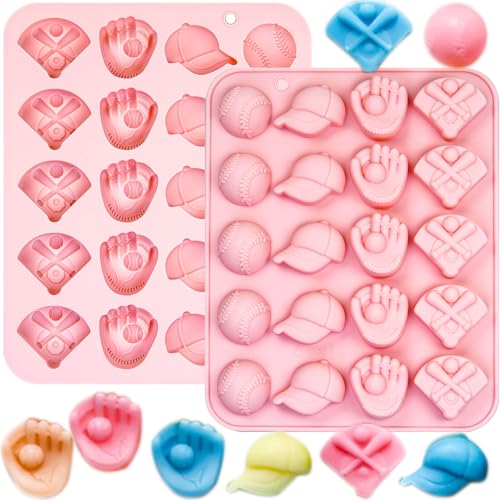 2 Pack Baseball Chocolate Mold, 40 Cavities Baseball Sports Silicone Candy Molds Baseball Cap Glove Bat Field Ice Cube Molds for Gummy Fondant Jello Baking Sugar Craft Cupcake Decor (Pink,Baseball)