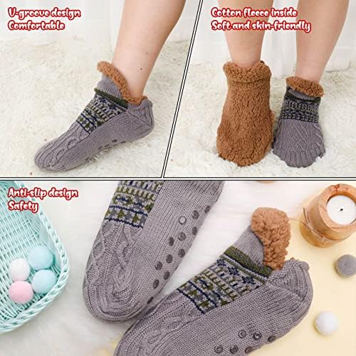 Slipper Fluffy Socks for Women Men,Non Slip Knitted Thick Fleece Lined Warm Cosy Fuzzy Bed Slippers Socks for Unisex in Home Bed Floor(One Size Grey)