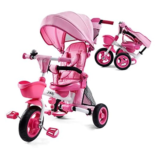 JMMD Baby Tricycle, 7-in-1 Folding Kids Trike with Adjustable Parent Handle, Safety Harness & Wheel Brakes, Removable Canopy, Storage, Stroller Bike Gift for Toddlers 18 Months - 5 Years(Pink)