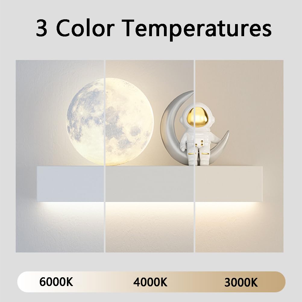 AoLa Mond Wandleuchte Kinderzimmer LED Astronaut Wandlampe lnnen Modern Kreative Cartoon Sternenhimme Astronaut Mond Lampe Nachttischlampe für Junge Mädchen Schlafzimmer Wohnzimmer,Weiß