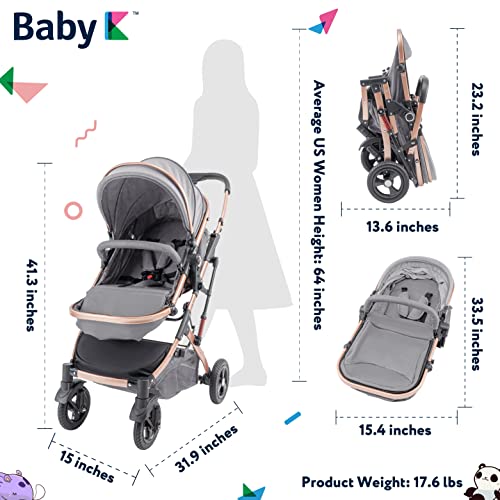 Baby K 2 In 1 Convertible Baby Pram Stroller (Grey - With Snack Tray & Large Storage Basket) - Foldable Reverse Facing Baby Bassinet Stroller With Various Adjustable & Reclining Stroller Modes #TOP4