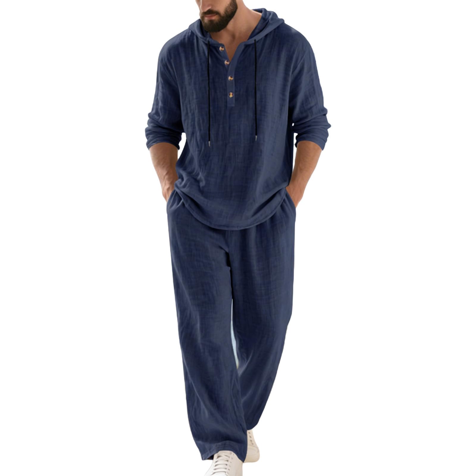 AOREUGL long-sleeve button-down and pants in 60% cotton 40% linen blend with hoodie detail