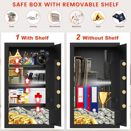 Bild 4 - 85L Großer Tresor Feuerfest für Zuhause, Digitaler Safe Tresor mit Feuersichere Dokumententasche & 3 Herausnehmbarem Regal, Möbeltresor für Schmuck Geld Medikamente Dokumente, 31T x 38B x 65H cm
