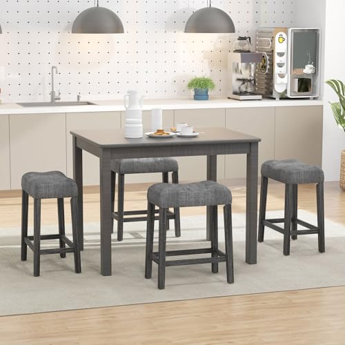 Image of Giantex 24 inch Bar Stools Set of 4, Backless Counter Height Saddle Bar Stools w /Padded Seat, Solid Rubber Wood Legs, Farmhouse Linen Fabric Upholstered Barstools for Kitchen Counter Island, Cafe, Gray