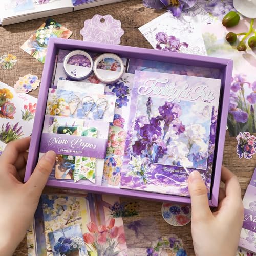 Image of WEMOL Vintage Journal Scrapbook Pack Kit for Art Journaling Bullet, Planners DIY Paper Stickers, Craft Kits Notebook, Collage Album Aesthetic Sticker (Purple Flower)