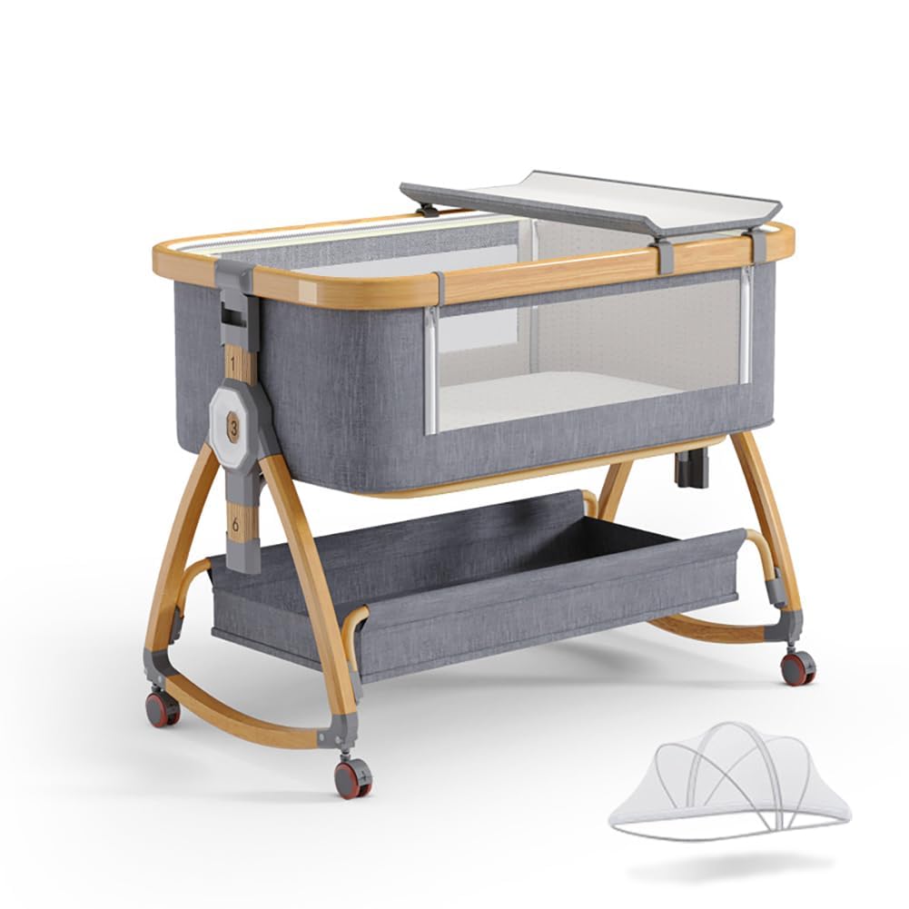 Baby Bassinet, Bedside Bassinet for Baby, 4 in 1 Portable Bassinet Bedside Sleeper with Wheels Mosquito Net & Storage Basket, 6 Height Adjustable Rocking Bassinet for Newborn Baby