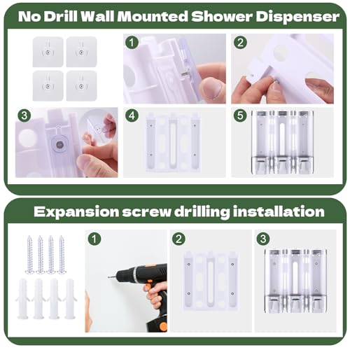 Image of Shower Dispenser 3 Chamber No Drill Shower Soap Dispenser Wall Mounted with Labels Shower Dispenser No Drill for Bathroom Hotel Kitchen, 8.4x2.5 Inch, Silver
