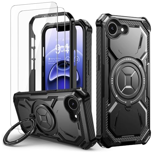 Lanhiem Coque pour iPhone 16e avec 2 Verre Trempé, Antichoc Étui de Militaire Protection, Anneau Support Renforcée Armure Etui pour iPhone 16e Housse, Noir
