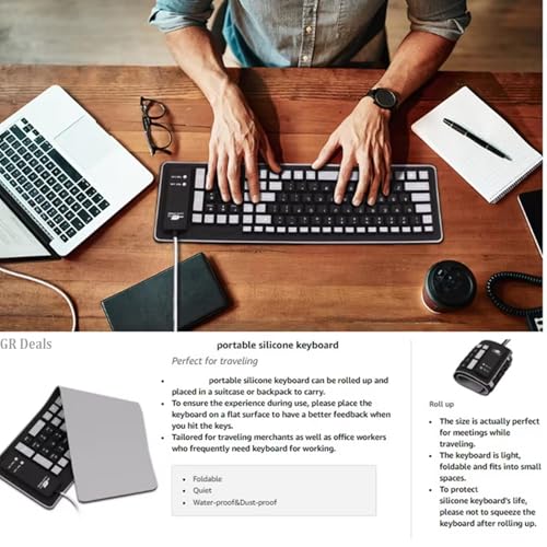 Image of Foldable Silicone Keyboard,103 Key Silent Portable Wired Keyboard,USB Interface Connection,Soft Rubber, Rollable, Lightweight, Waterproof, Dustproof for Desktops, Notebooks etc. (Black)