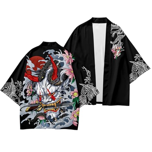 Image of DOSLAVIDA Men's Japanese Kimono Jacket Set Stylish Open Front Coat With Shorts Chinese Style Printed Cardigan Suit