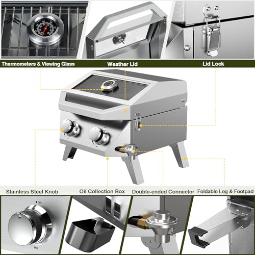 Image of BESTFIRE 2-in-1 Portable Propane Grill, 20,000 BTU 2-Burner Tabletop Gas Grill for Camping & RV, Stainless Steel BBQ with Viewing Glass Lid, Thermometer & Dual-Gas Connection