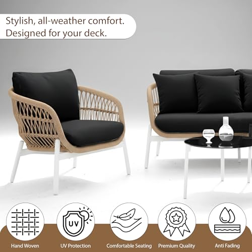 Image of BRISHI Outdoor 4 Seater Sofa Set | Balcony Sofa | Patio Furniture Sets | Conversation Sets | Braid & Rope Garden Sofa Set (Tan-White)