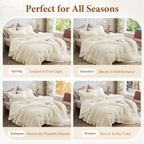 Image of JOLLYVOGUE Oversized Queen Comforter Set, 3 Pieces Ivory Seersucker Comforters, Lightweight & Fluffy Bedding Sets for All Season with 1 Ruffle Comforter and 2 Ruffle Pillowshams