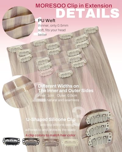 Image of Moresoo Clip in Hair Extensions Real Human Hair,22 Inch 150g 7Pcs, Ash Blonde to Bleach Blonde,Seamless PU Weft, Real Human Hair, Easy DIY Hairstyle