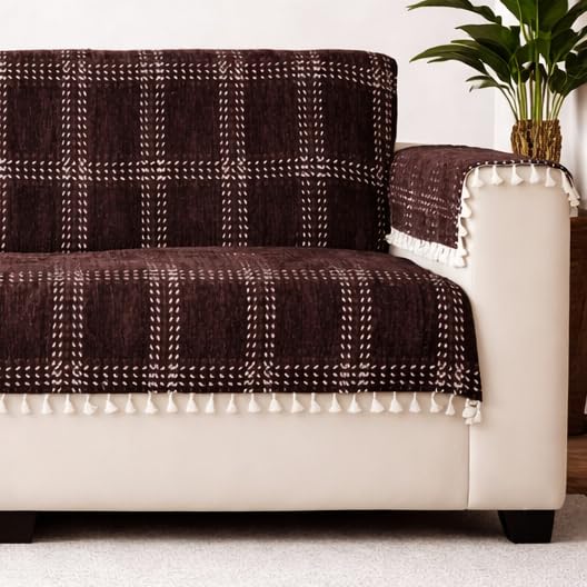 Image of STITCHNEST 'Artisoul Series' Chenille Sofa Cover 2 Seater Fully Covered with 2 Hand Rest Covers | Premium Heavy Fabric, Washable & Fade Resistant | Brown Sofa Protector with Tassels | Size 48x60 Inch