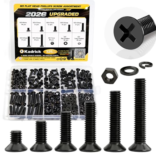 Image of KADRICK 325Pcs M5 Countersunk Screws,M5 Flat Head Screws,Phillips Bolts Nuts Washers Assortment Kit,Zinc Plated,Lenth of 8MM-30MM