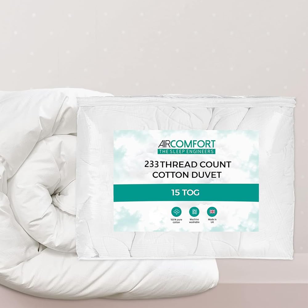 Air Comfort 15 Tog 233 Thread Count Duvet - 100% Silk-Like Organic Cotton Cover - Hypoallergenic Feather & Down Alternative Hollowfibre Filling - Single