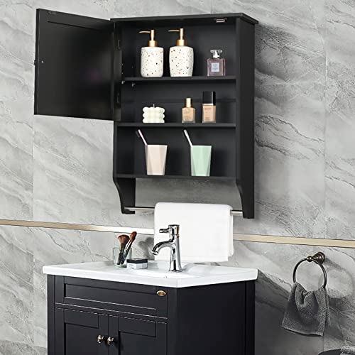 Iwell Bathroom Wall Cabinet With Towel Bar & Adjustable Shelf In 3 Positions, Medicine Cabinet With Door For Bathroom, Over The Toilet Space Saver Storage Cabinet, Wall Mounted Bathroom Cabinet, Black #TOP4
