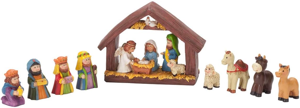 Handpainted Resin Tabletop Nativity Scene - Set Includes 5"x6" Manger, Plus 8 Nativity Pieces - Perfectly Sized Christmas Decoration