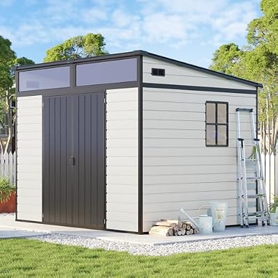 Jocisland 7x7x7 FT Outdoor Resin Storage Shed with Floor & Double Doors, Sloped Roof Resin Shed with Skylight Panels, Window & Vents, Waterproof UV-Resistant Tool Sheds for Lawn - Gary & Black