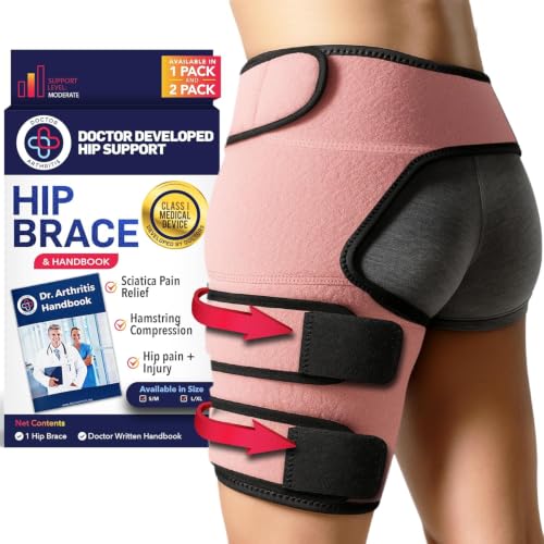 Dr. Arthritis Hip Brace, Adjustable Sciatic Nerve Brace &amp; Stabilizer for Pulled Muscles &amp; Injury Recovery, Hamstring Compression Sleeve Support, Sciatica Pain Relief Devices for Men &amp; Women (S/M, Pink)