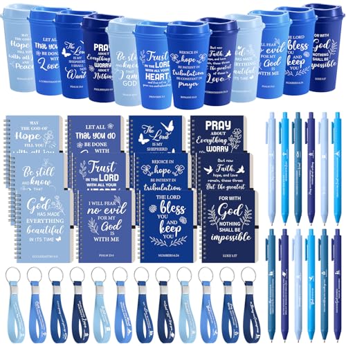Skylety 12 Set/ 48 Pcs Christian Gifts Bulk Church Bible Religious Gift Set 16 oz Coffee Cups with Christian Notebook Pen Keychains for Women Staff Team Friends (Blue Gradient)