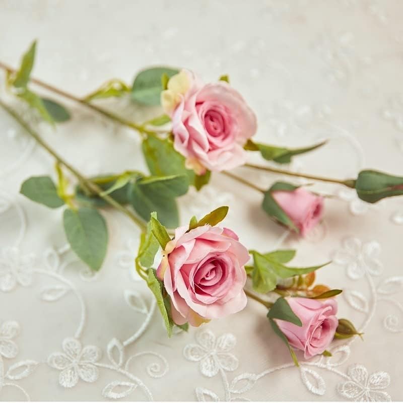 Rosas artificiales de seda, flores falsas, ramas largas, 5 cabezas, flores de boda, día de San Valentín, decoración del hogar (color rosado)