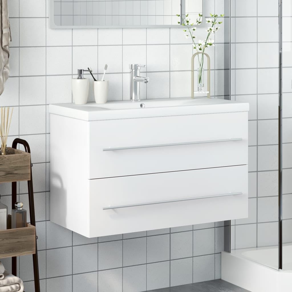 Mueble bajo lavabo empotrado blanco de 80 cm, juego de muebles de baño de pared, lavabo moderno de madera con lavabo de cerámica, grifo y desagüe incluidos