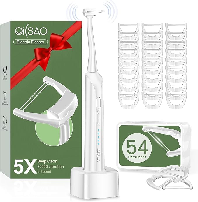 OILSAO Electric Flosser for Teeth, Water Flosser Alternative with 5 Speeds + 54 Refill Heads, 5X Cleaning & 60 Day Battery Life, Oscillation Gliding for Sensitive Gum Care, Dentist Recommended -White