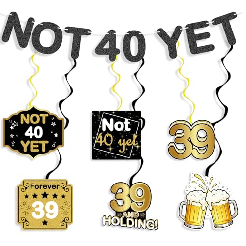 39th Birthday Decorations Happy Birthday Decorations for Men Not 40 yet Banner Hanging Swirls Black Glitter Decor Supplies Suitable for Hanging Indoors & Outdoors