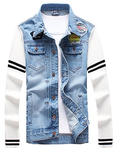 LifeHe Men's Slim Fit Patchwork Denim Jacket with Patches (Blue, L)