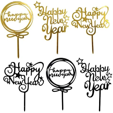 6pcs Happy New Year Cake Toppers,New Years Eve Party Supplies 2025,Gold Black New Years Eve Cake Topper Decorations Star New Year Cake Toppers for New Year's Eve Holidays Party Decorations Cover