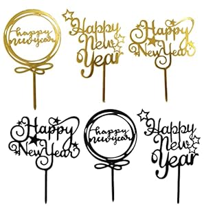 6pcs Happy New Year Cake Toppers,New Years Eve Party Supplies 2023,Gold Black New Years Eve Cake Topper Decorations Star…