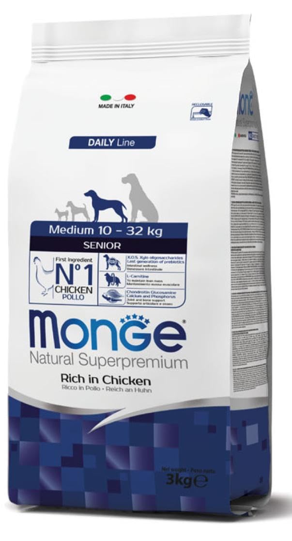 Monge Natural Superpremium Medium Senior Rich in Chicken, Alimentos secos para perros mayores (comida seca a base de pollo, sin colorantes ni conservantes, alimento que favorece los intestinos, 12 kg)
