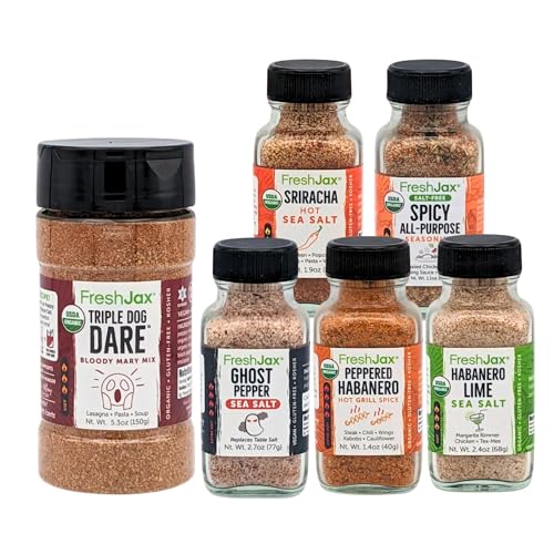 FreshJax Organic Triple Dog Dare Bloody Mary Mix and Hot & Spicy Seasoning Gift Set Bundle | 5 Sampler Sized and 1 Large Bottle | Non GMO, Gluten Free, Keto, Paleo, No Preservative