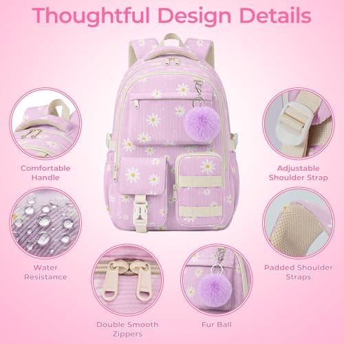 Mochila escolar de pana para niñas adolescentes, morada con flores miniatura 5
