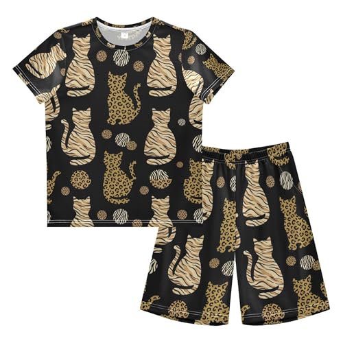 Wudan 2 Piece Boys Shorts and Shirt Fashion Teen Boys Swimsuits Leopard Printed Cats Dots 6Y