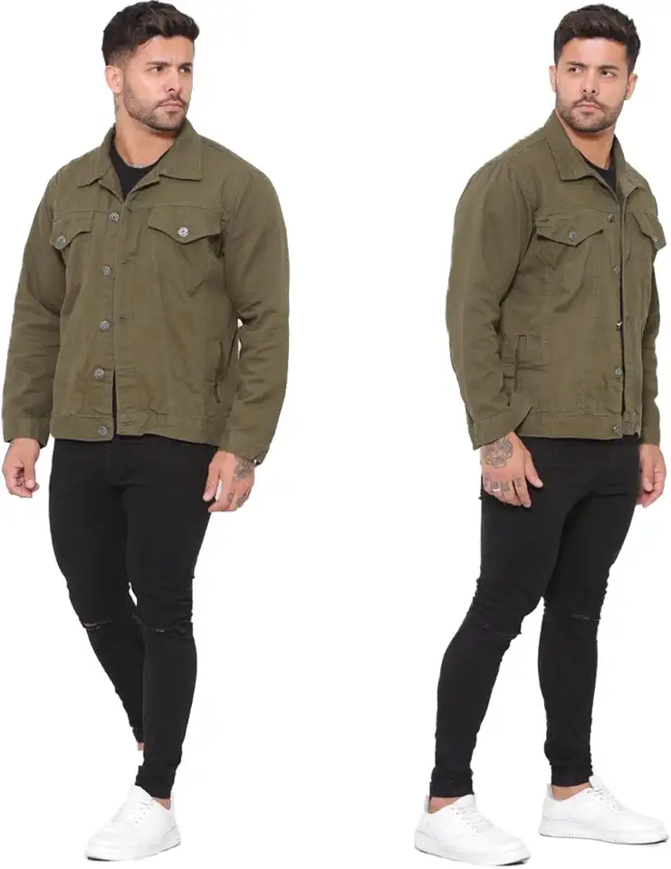 Jaqueta Jeans Masculina Verde Militar Casual com Bolsos e Fechamento em Botão