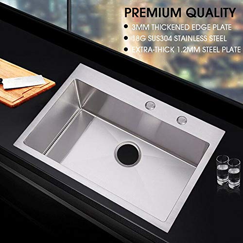 Friho 30\"x 22\" Inch 18 Gauge Commercial Topmount Drop-in Single Bowl Basin Handmade SUS304 Stainless Steel Kitchen Sink, Brushed Nickel Kitchen Sinks with Dish Grid and Basket Strainer