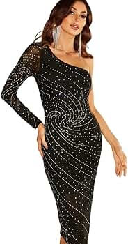 Amazon.com: Giffniseti Women's One Shoulder Rhinestone Long