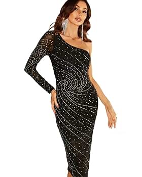 Amazon.com: Giffniseti Women's One Shoulder Rhinestone Long