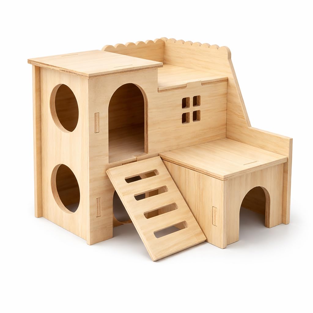 Tiny Hamster Maze Wood House Fun Slide House Double-Decker Hut for Dwarf Gerbil Mouse Mice Rat Small Animals(Only for Small Hamster)