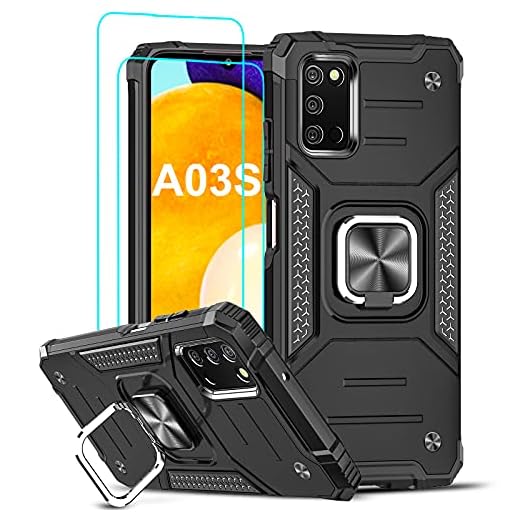 LeYi Coque pour Samsung Galaxy A03S avec 2 x Verre trempé, [Béquille 360° Support Rotatif] Militaire Renforcée Intégrale Rigide PC et TPU Silicone Protection Etui Housse pour Samsung A03S Noir