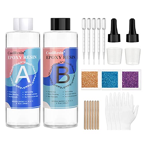 Epoxy Resin Clear Crystal Kit - 16 Oz. Casting Resin for Art, Craft, Jewelry Making,Including 2 pcs Measuring Cups/5 pcs Sticks/2 Pair Rubber Gloves/ 5 Droppers/3 Resin Glitter (16 OZ)
