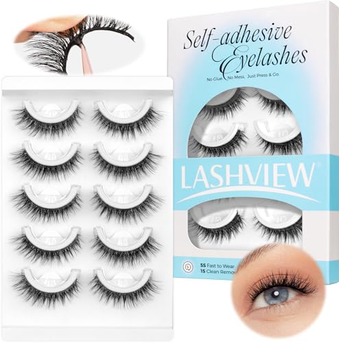 LASHVIEW Self Adhesive Eyelashes 5 Pairs Cat Eye Wispy Self-adhesive False Lashes Reusable Natural Look Press On Lashes No Glue Need Eyelashes with Replacement Adhesive Strips (CV122)