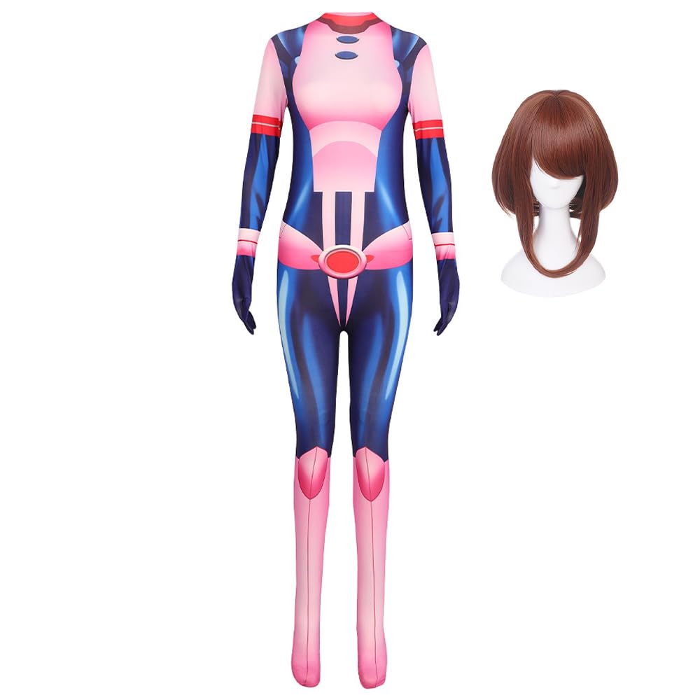 Zhongkaihua MHA Uraraka Ochako Cosplay Suit Roel Play Pink Bodysuit Uraraka Ochako Costume Set with Wig Halloween Carnival Party for Costume Adults